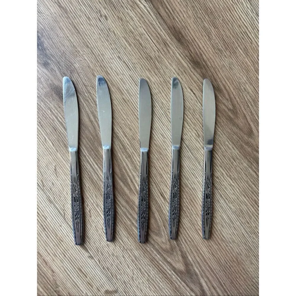 Vintage Interpur Stainless Steel Dinner Knives Springtime Diamonds with Flowers